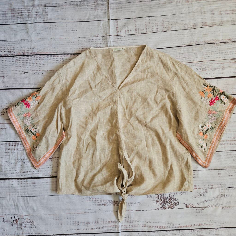 Spartina 449 100% Linen Floral Embroidered Kimono Sleeve Tan Blouse Womens XS